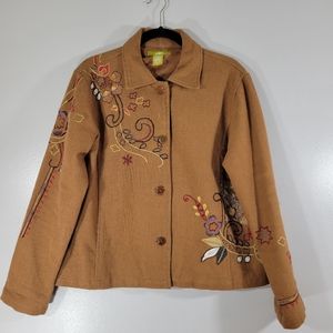 ACORN vintage autumn embroidered textured cotton button down lined jacket